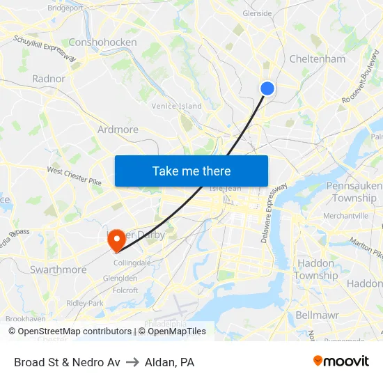 Broad St & Nedro Av to Aldan, PA map