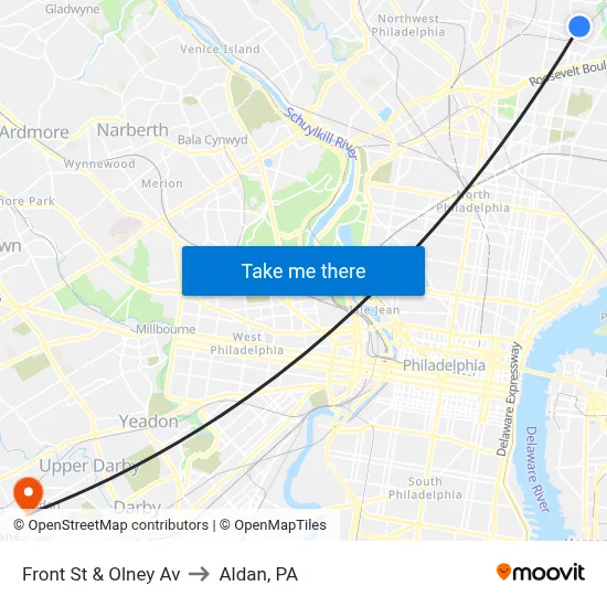 Front St & Olney Av to Aldan, PA map
