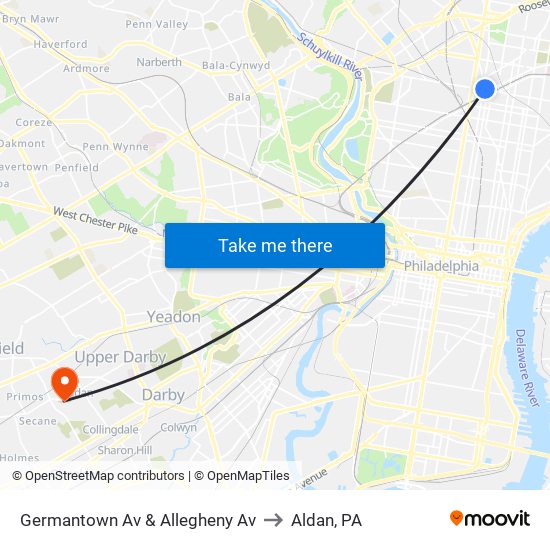 Germantown Av & Allegheny Av to Aldan, PA map