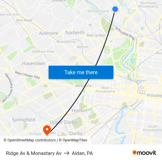 Ridge Av & Monastary Av to Aldan, PA map