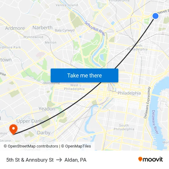 5th St & Annsbury St to Aldan, PA map