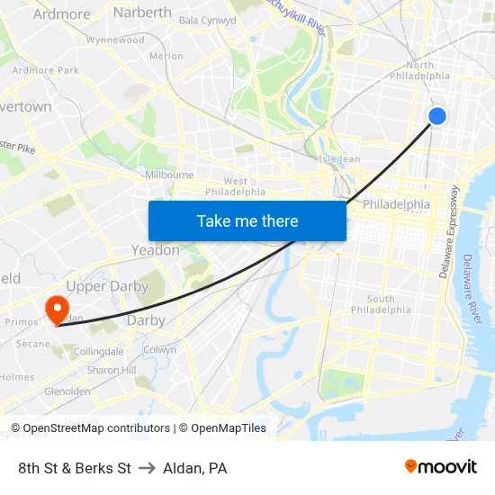 8th St & Berks St to Aldan, PA map