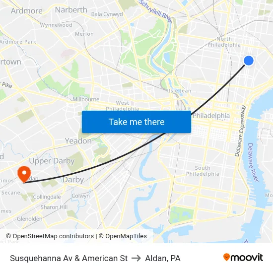 Susquehanna Av & American St to Aldan, PA map