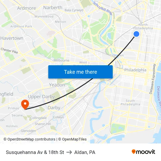 Susquehanna Av & 18th St to Aldan, PA map