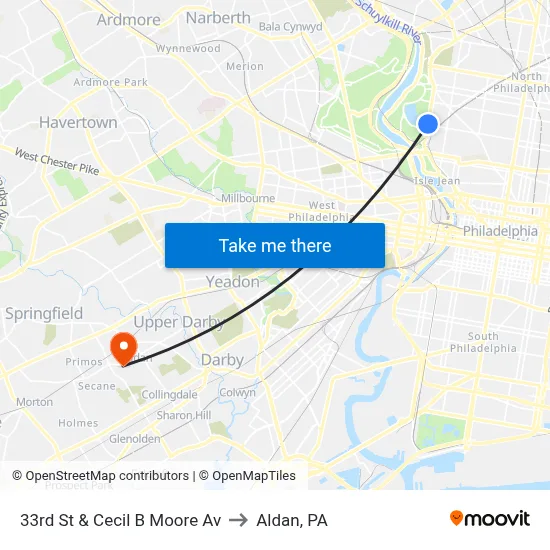 33rd St & Cecil B Moore Av to Aldan, PA map
