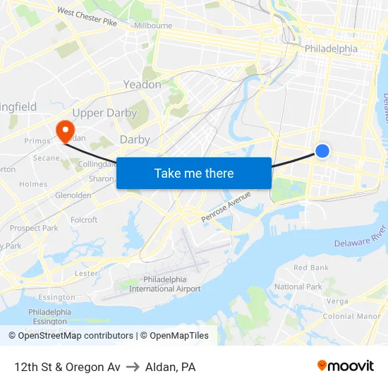 12th St & Oregon Av to Aldan, PA map