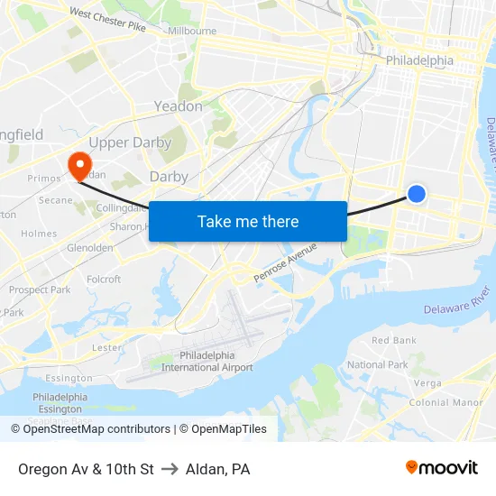 Oregon Av & 10th St to Aldan, PA map