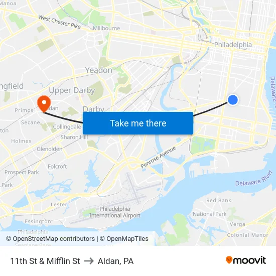 11th St & Mifflin St to Aldan, PA map