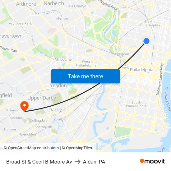 Broad St & Cecil B Moore Av to Aldan, PA map