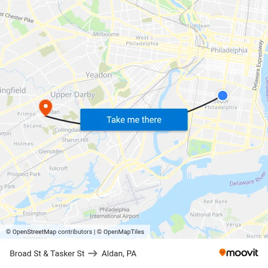 Broad St & Tasker St to Aldan, PA map