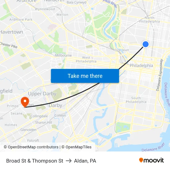 Broad St & Thompson St to Aldan, PA map
