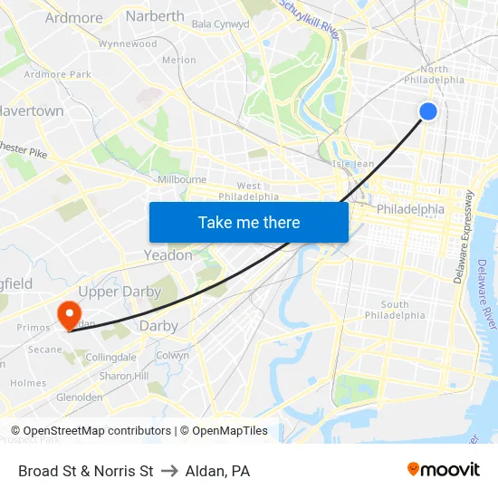 Broad St & Norris St to Aldan, PA map