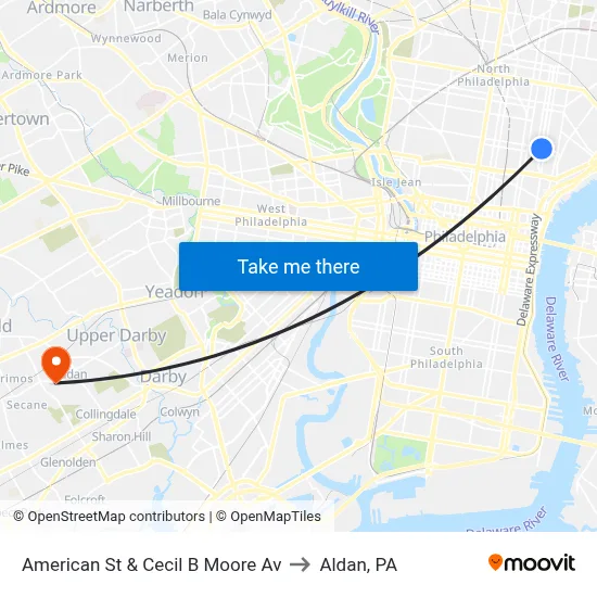 American St & Cecil B Moore Av to Aldan, PA map