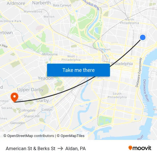 American St & Berks St to Aldan, PA map
