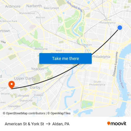 American St & York St to Aldan, PA map