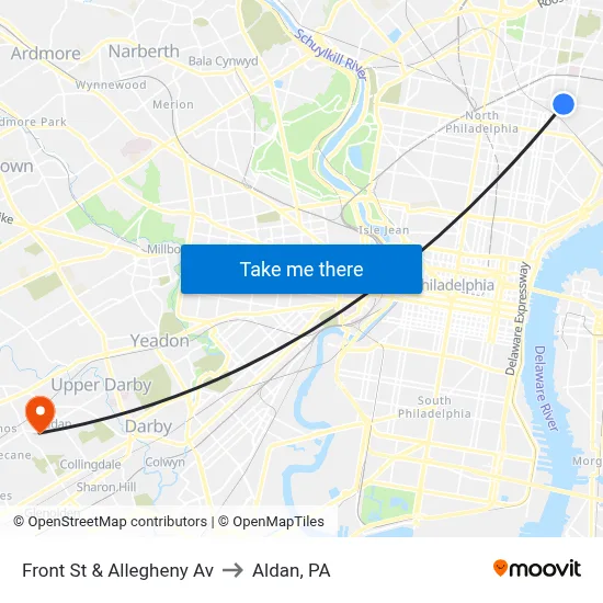 Front St & Allegheny Av to Aldan, PA map