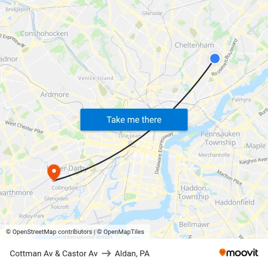 Cottman Av & Castor Av to Aldan, PA map