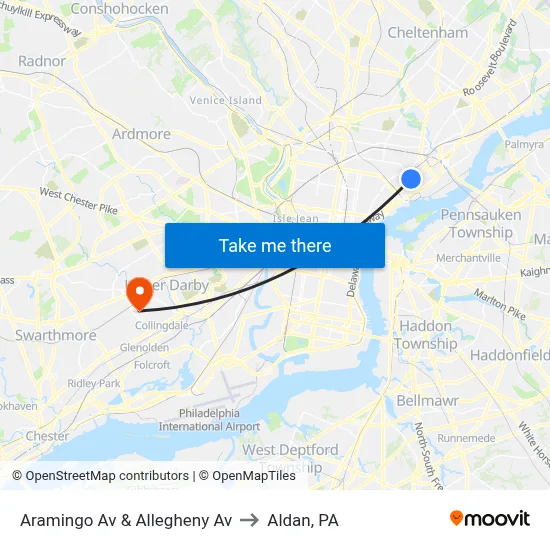 Aramingo Av & Allegheny Av to Aldan, PA map
