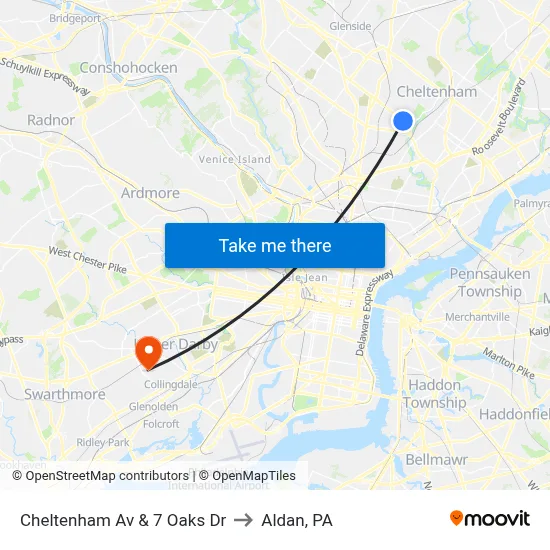 Cheltenham Av & 7 Oaks Dr to Aldan, PA map