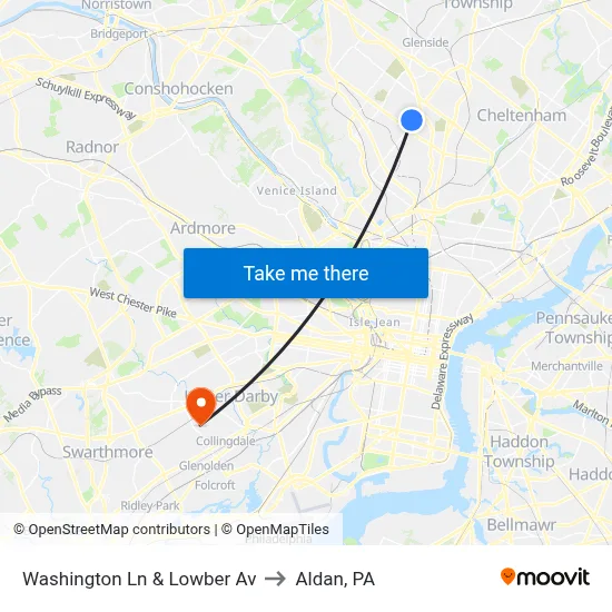 Washington Ln & Lowber Av to Aldan, PA map