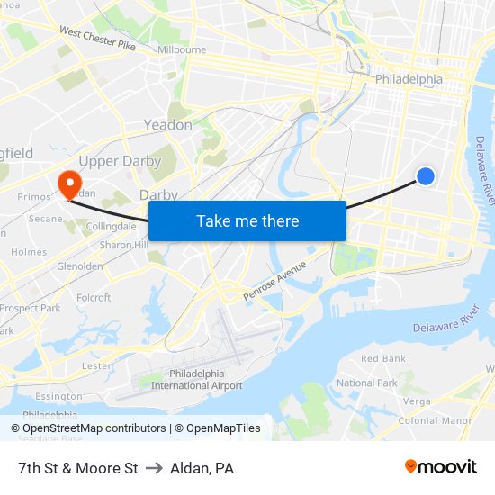 7th St & Moore St to Aldan, PA map