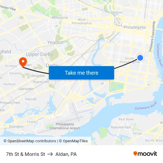 7th St & Morris St to Aldan, PA map