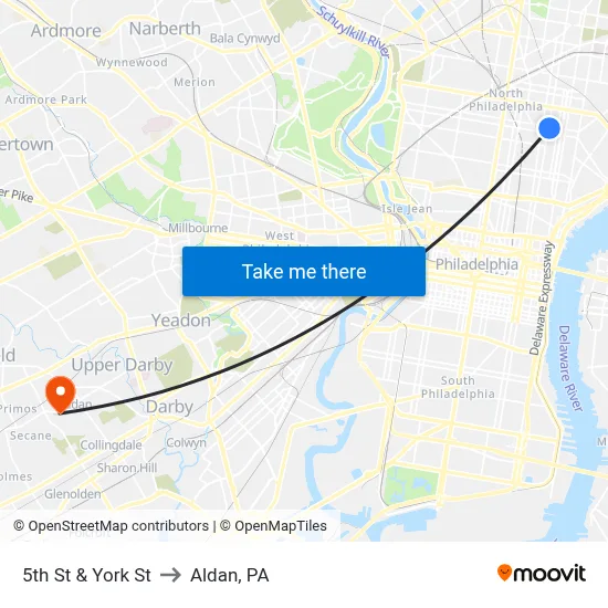 5th St & York St to Aldan, PA map