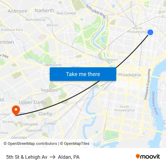 5th St & Lehigh Av to Aldan, PA map