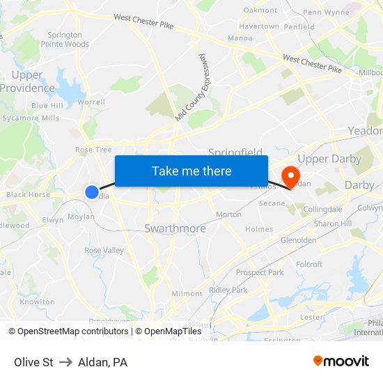Olive St to Aldan, PA map