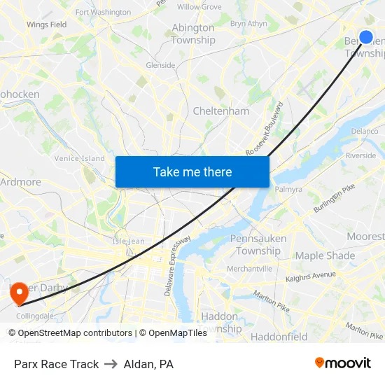 Parx Race Track to Aldan, PA map