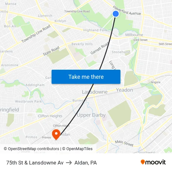 75th St & Lansdowne Av to Aldan, PA map