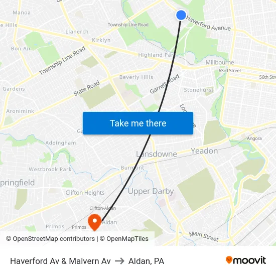 Haverford Av & Malvern Av to Aldan, PA map