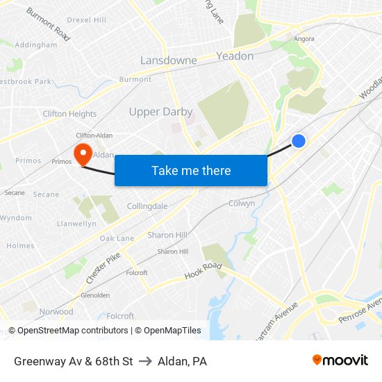 Greenway Av & 68th St to Aldan, PA map