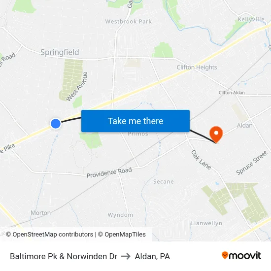 Baltimore Pk & Norwinden Dr to Aldan, PA map