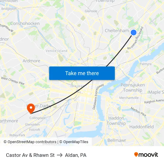 Castor Av & Rhawn St to Aldan, PA map