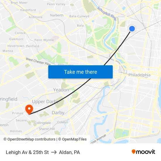 Lehigh Av & 25th St to Aldan, PA map