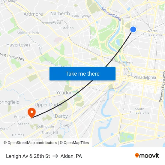 Lehigh Av & 28th St to Aldan, PA map