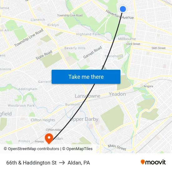 66th & Haddington St to Aldan, PA map