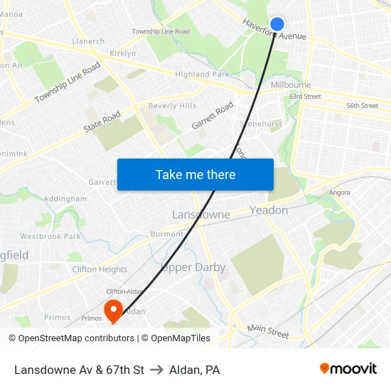 Lansdowne Av & 67th St to Aldan, PA map