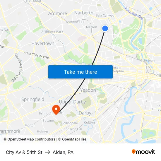 City Av & 54th St to Aldan, PA map
