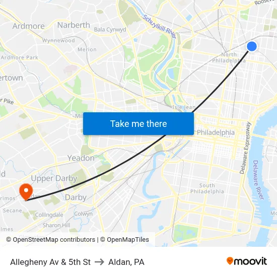 Allegheny Av & 5th St to Aldan, PA map