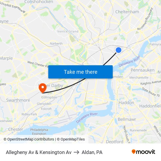 Allegheny Av & Kensington Av to Aldan, PA map