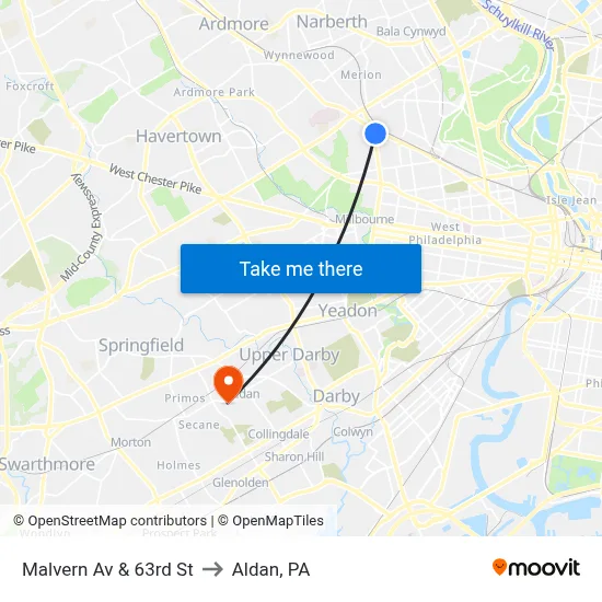 Malvern Av & 63rd St to Aldan, PA map