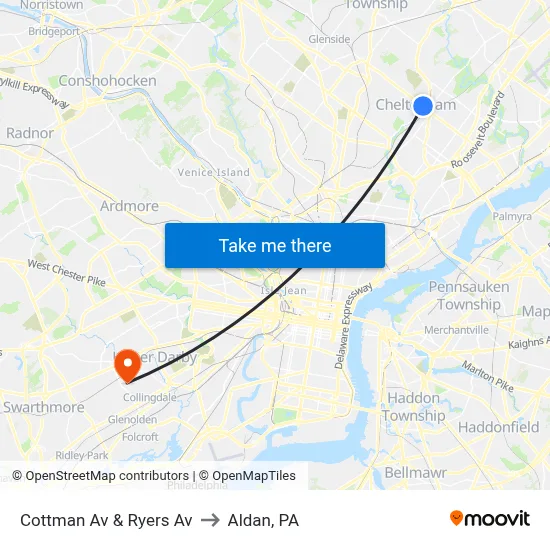 Cottman Av & Ryers Av to Aldan, PA map
