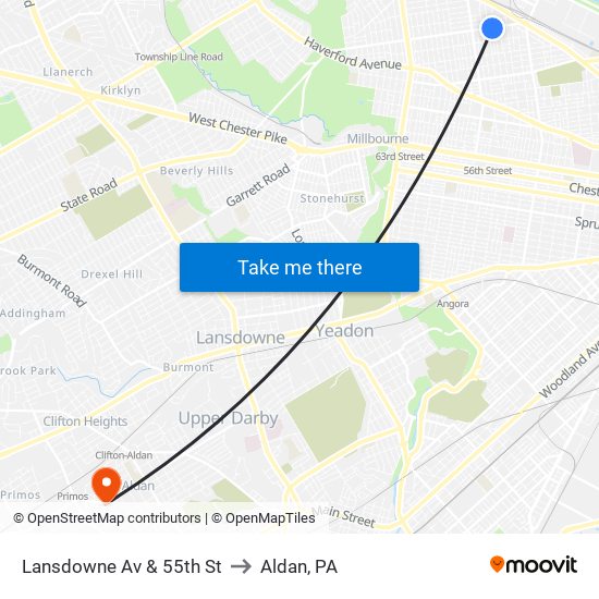 Lansdowne Av & 55th St to Aldan, PA map