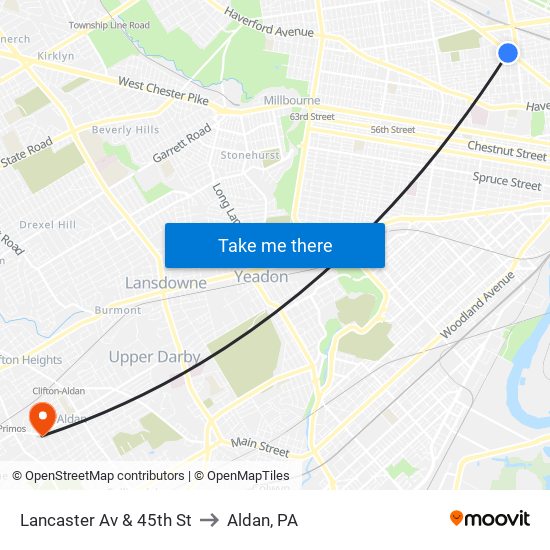 Lancaster Av & 45th St to Aldan, PA map