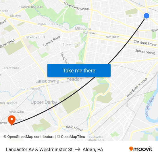 Lancaster Av & Westminster St to Aldan, PA map