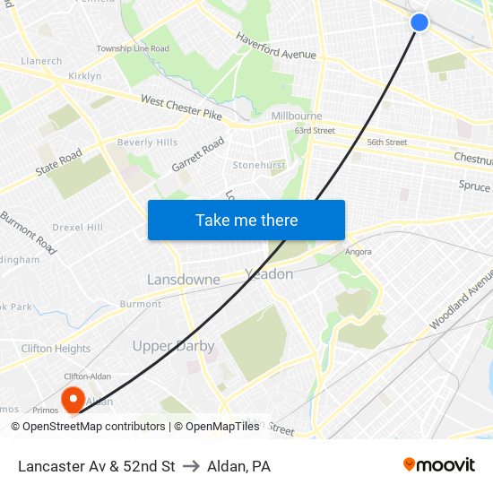 Lancaster Av & 52nd St to Aldan, PA map