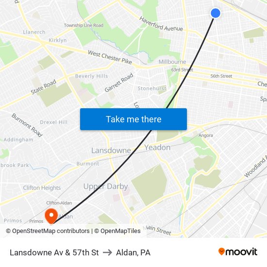 Lansdowne Av & 57th St to Aldan, PA map