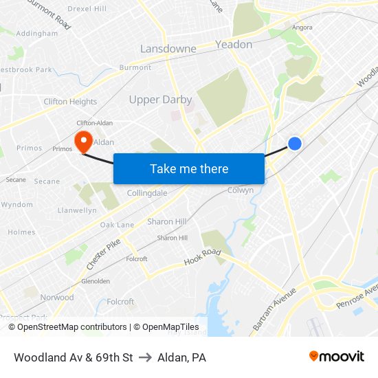 Woodland Av & 69th St to Aldan, PA map